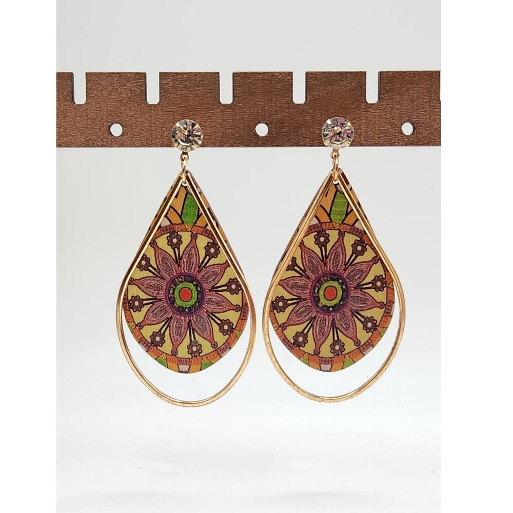 Boho Teardrop Mandala Print Wood and Gold Tone Frame Dangle Statement Earrings